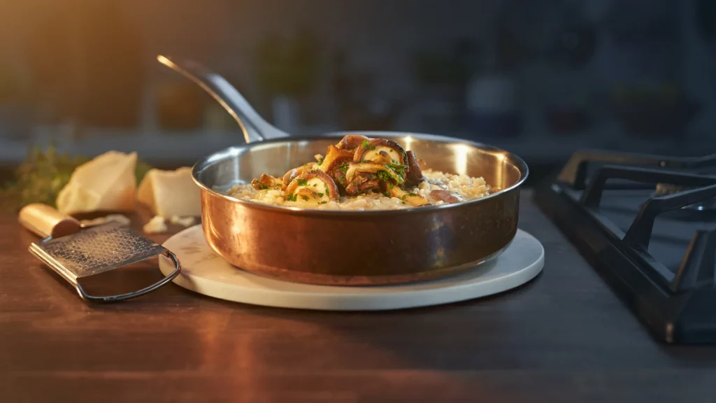Romige risotto met paddenstoelen en blauwe kaas in een koperen pan, geserveerd op een marmeren onderzetter naast geraspte kaas en een kaasrasp